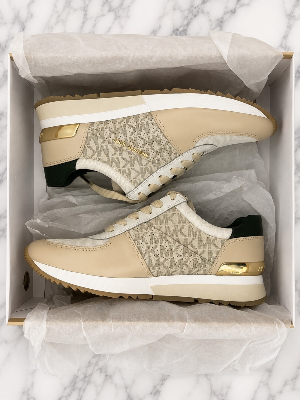 Michael Kors Allie Trainer Sneakers Vanilla MK Logo/Gold/Green | Women’s Size 7 - Picture 1 of 5